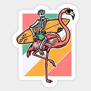 Surfing Skeleton Riding a Giant Pink Flamingo Sticker